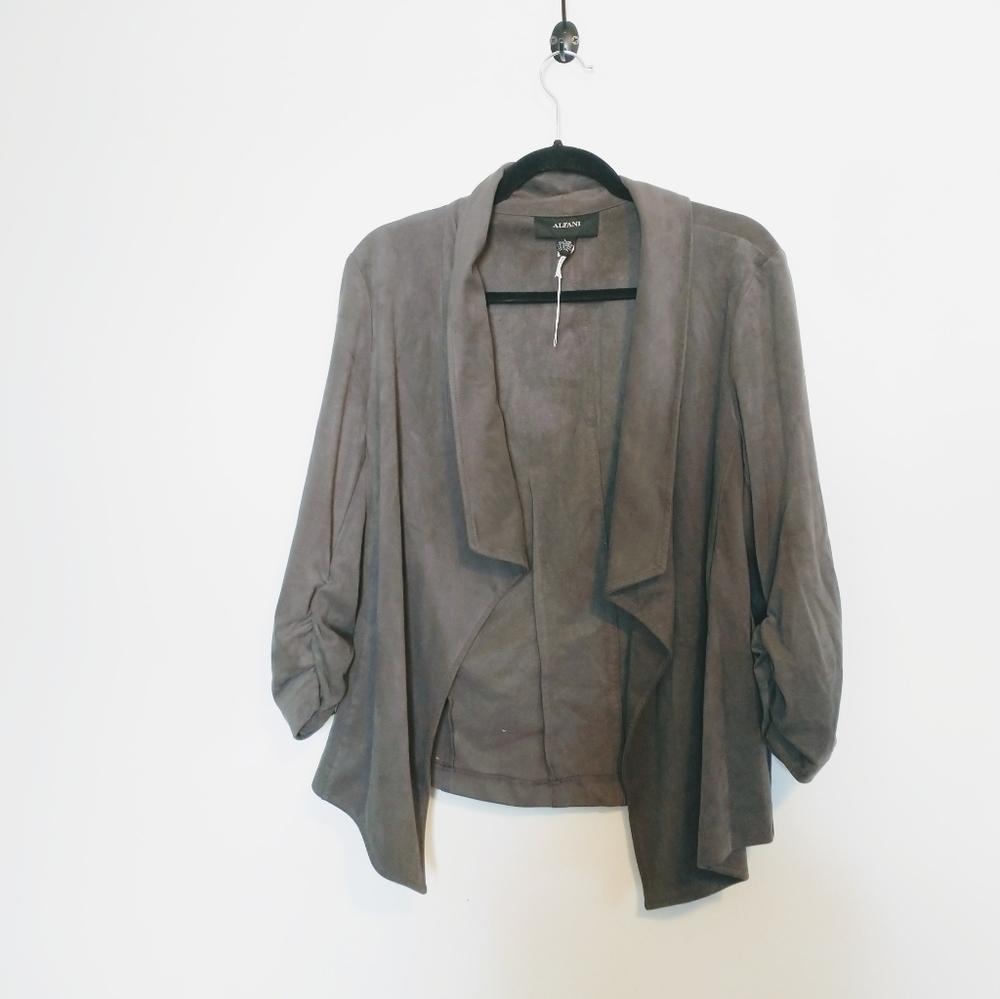 Alfani grey faux suede fall jacket with asymmetric draped front and half sleeves